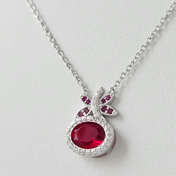 Red Ruby Oval Butterfly Necklaces - 925 Sterling Silver Charmed Aroma - Picture 3 of 4